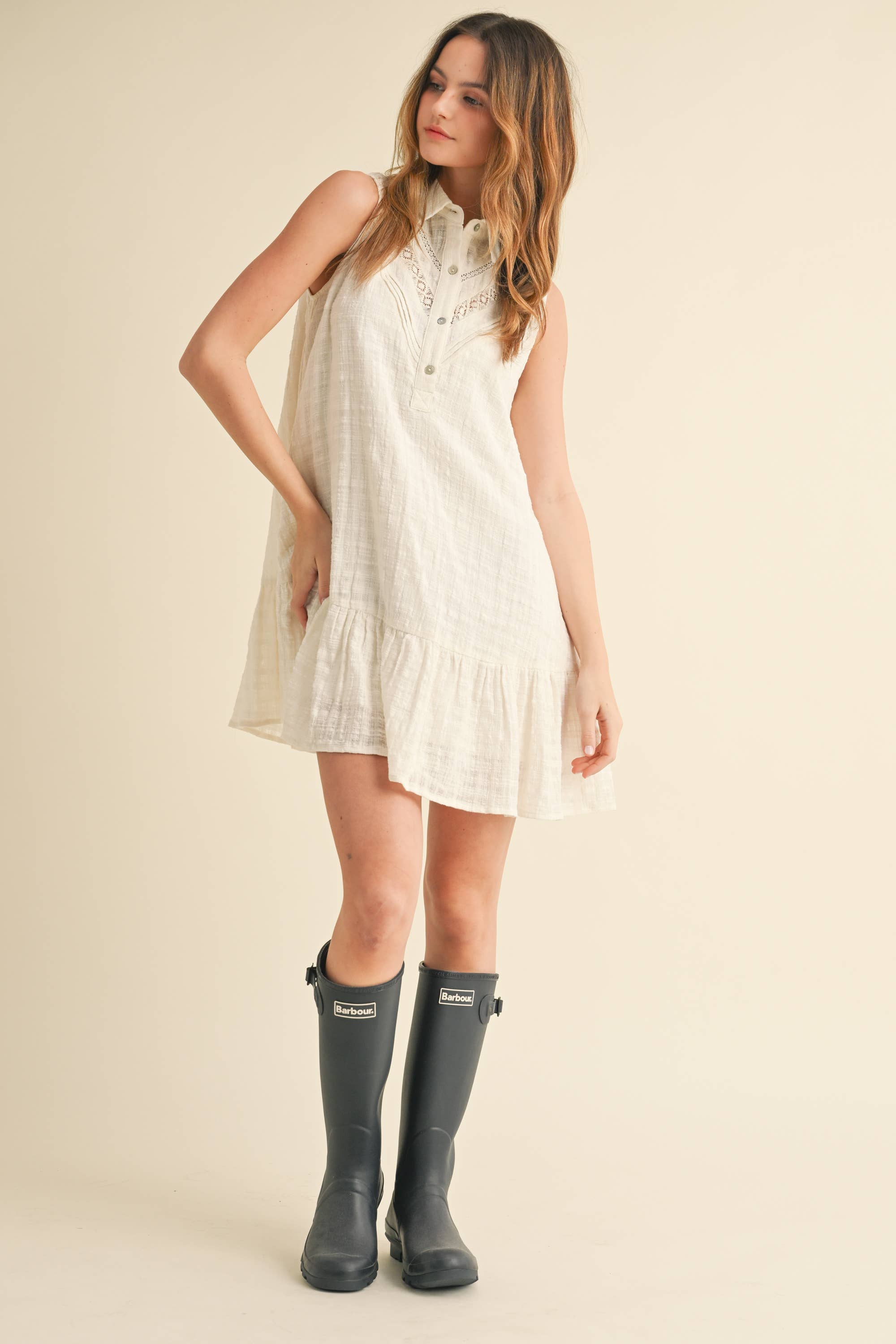 BUTTON DOWN RUFFLE MINI DRESS