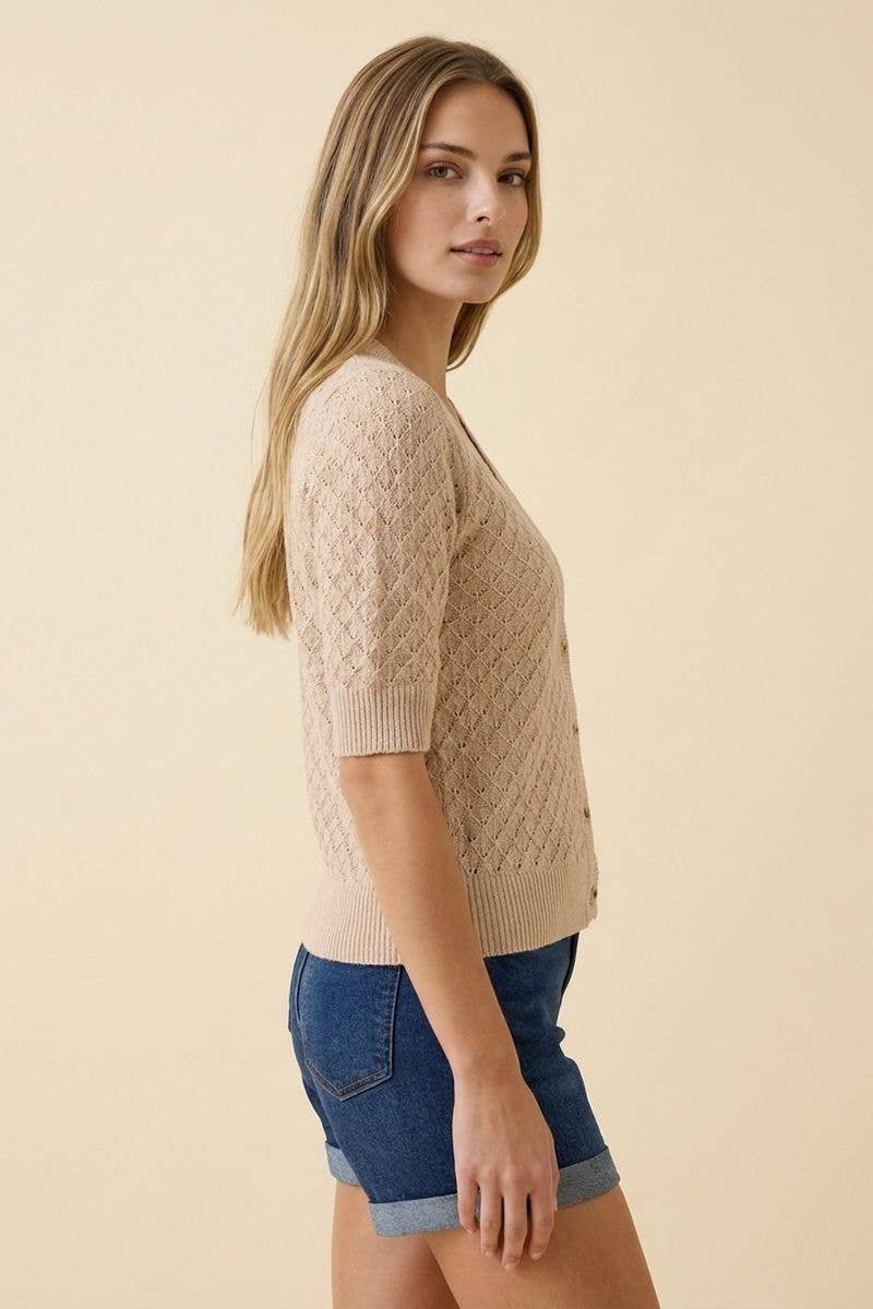 POINTELLE SHORT SLV CARDIGAN WITH ROSE BUTTONS
