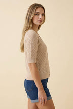 POINTELLE SHORT SLV CARDIGAN WITH ROSE BUTTONS