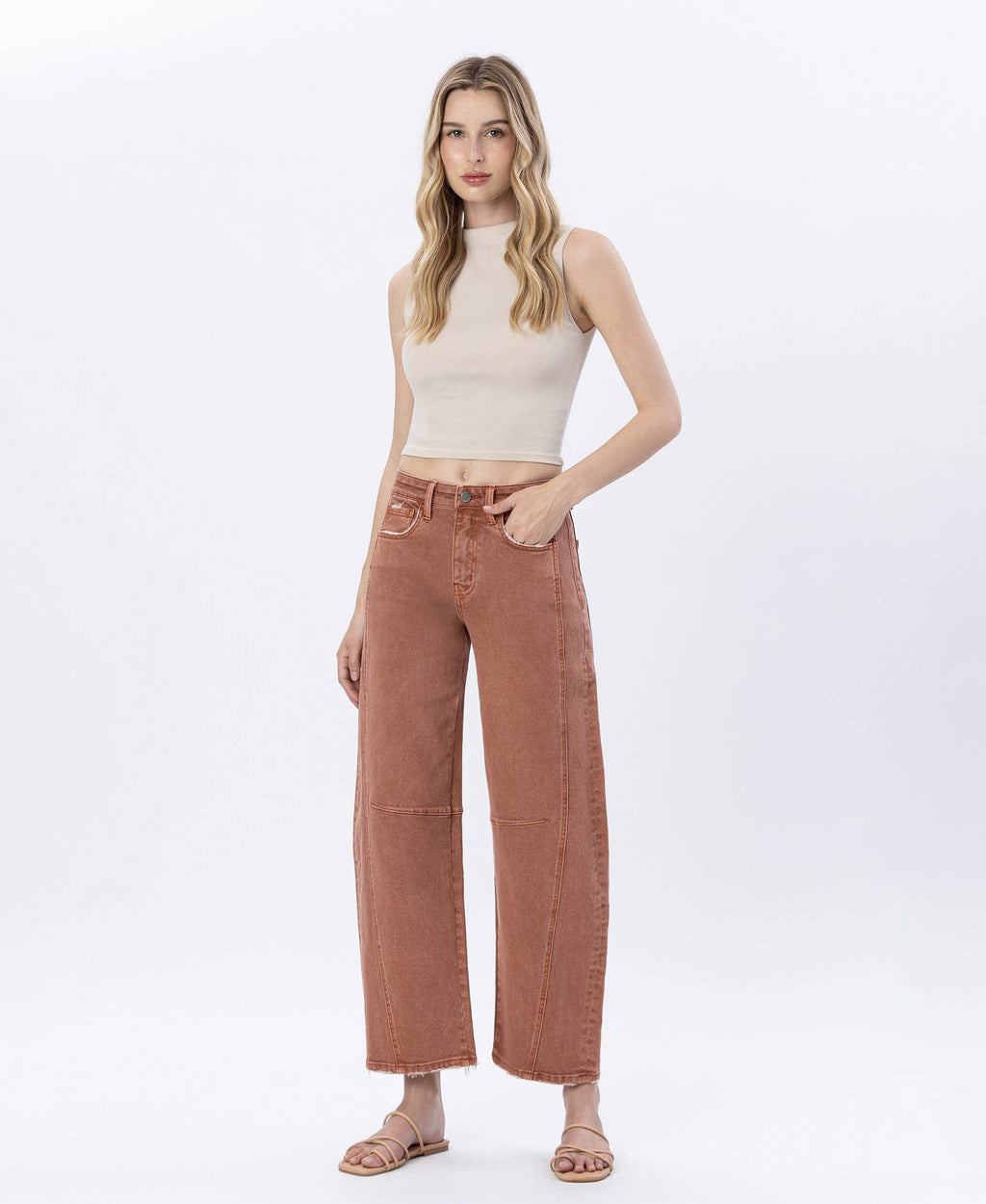 HIGH RISE COPPER COLOR TWIST BARREL JEANS