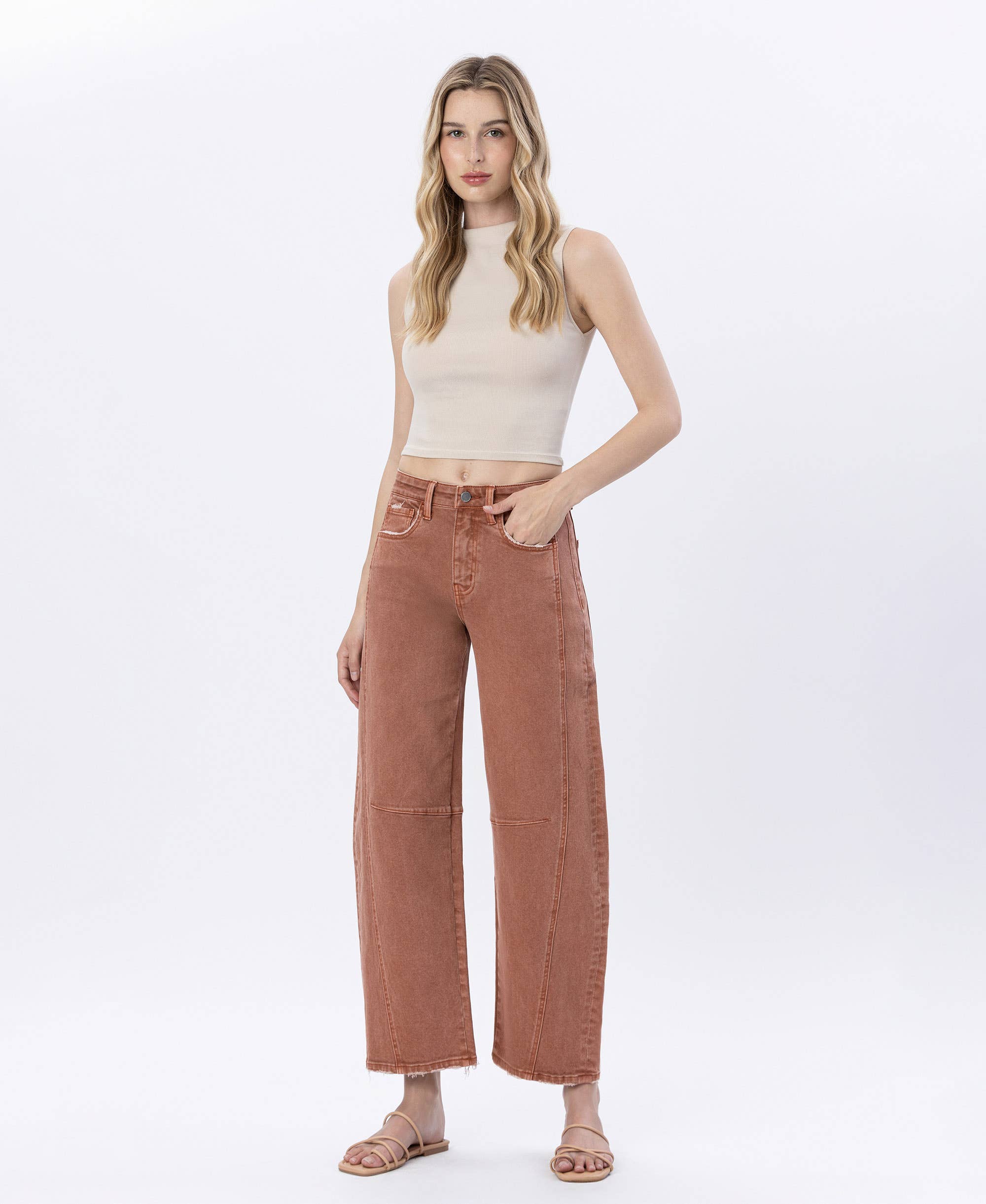 HIGH RISE COPPER COLOR TWIST BARREL JEANS