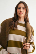 TAUPE AND OLIVE BOLD STRIPE SWATER