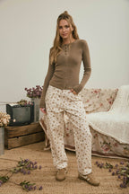 BUTTON FRONT ROUND NECK LONG SLEEVE KNIT TOP