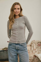 BUTTON FRONT ROUND NECK LONG SLEEVE KNIT TOP