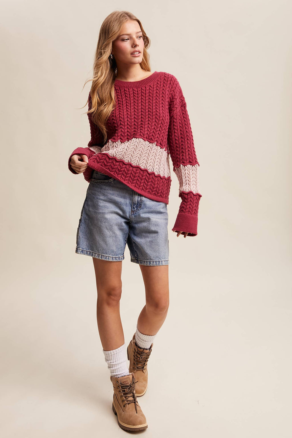 Colorblock Cable Knit Sweater