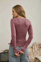 BUTTON FRONT ROUND NECK LONG SLEEVE KNIT TOP