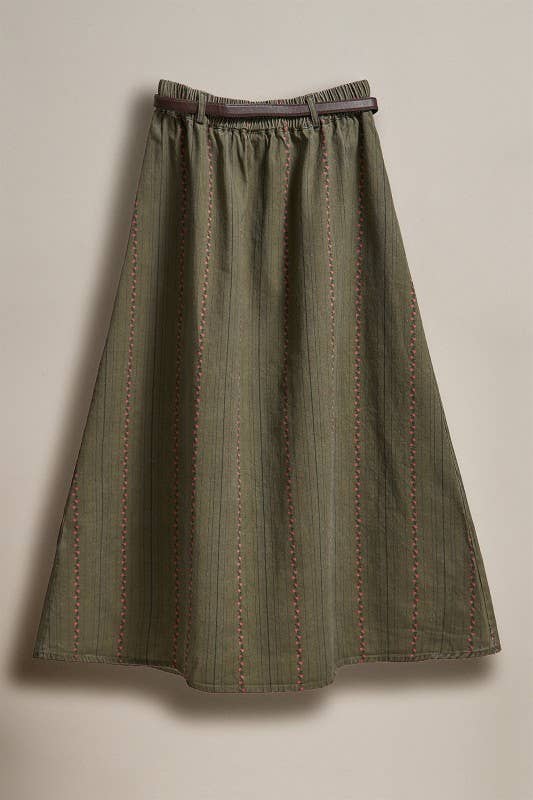 Embroidered Cotton Twill Belted Midi Skirt