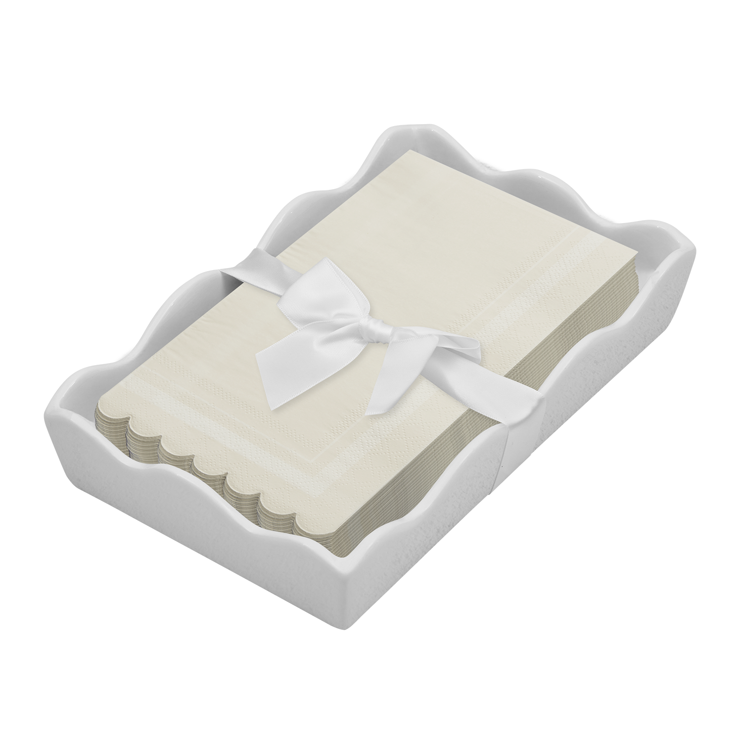 Ceramic Wave Napkin Tray with Guest Towel - Scalloped Edge Cream