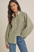 FRENCH CAFE MIXED STRIPE BATWING BUTTON-DOWN SHIRT