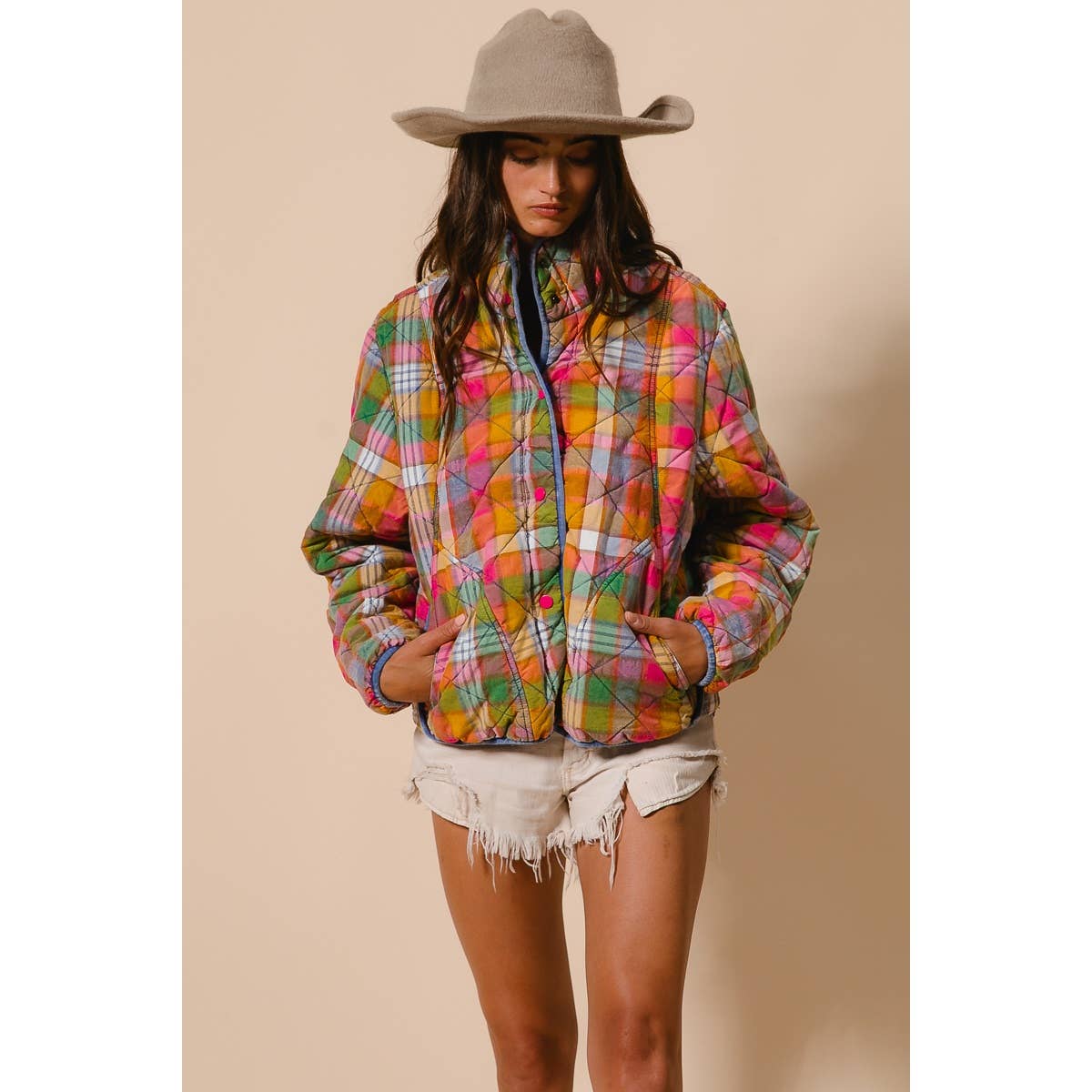 BLEACHED VINTAGE PLAID QUILTED JACKET WITH POCKETS