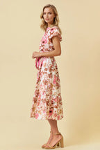 FLORAL PRINT BUBBLE SHORT SLEEVE TIERED MIDI DRESS