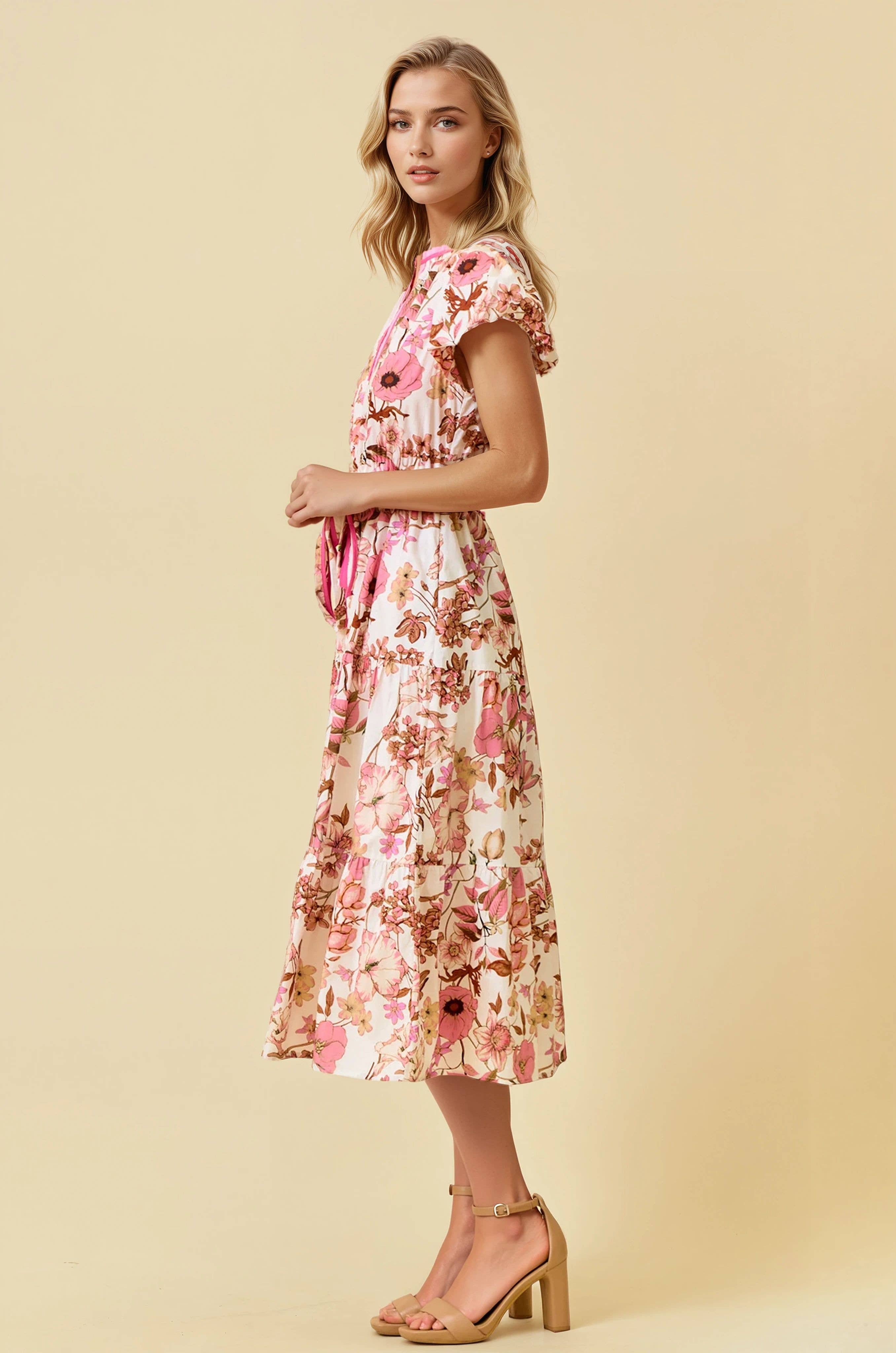 FLORAL PRINT BUBBLE SHORT SLEEVE TIERED MIDI DRESS