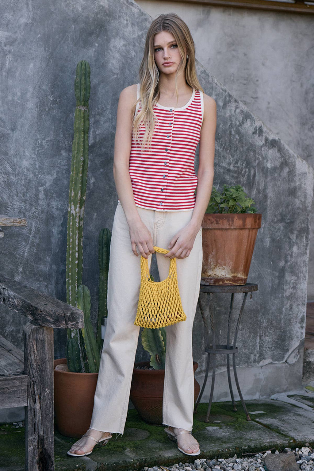 Striped Knit Button Tank Top