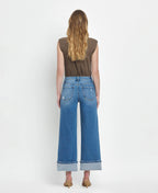 HIGH RISE MEDIUM WASH CUFFED WIDE JEANS