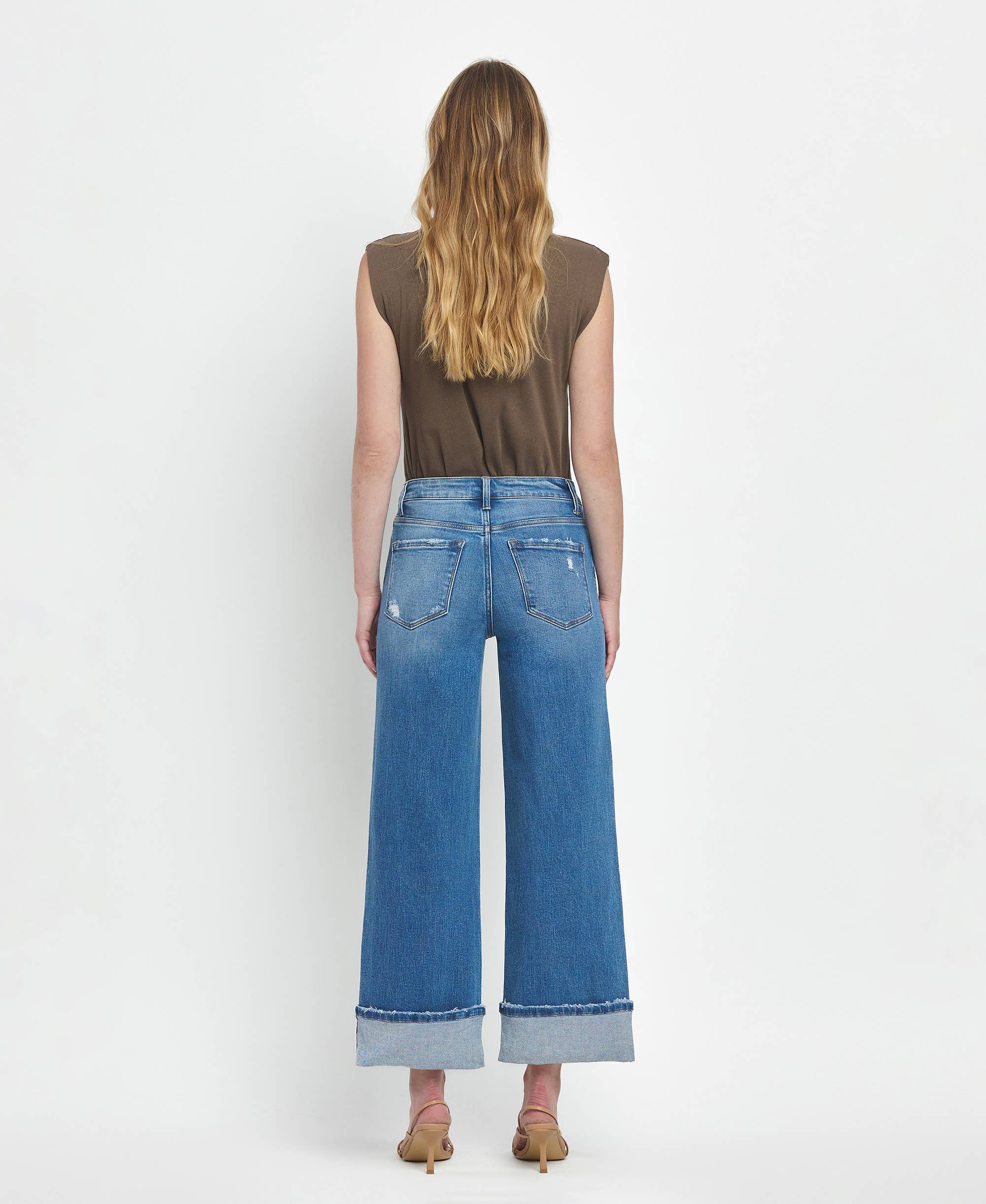 HIGH RISE MEDIUM WASH CUFFED WIDE JEANS