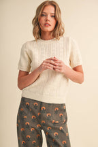 SCALLOPED POINTELLE KNIT SHORT SLEEVE SWEATER