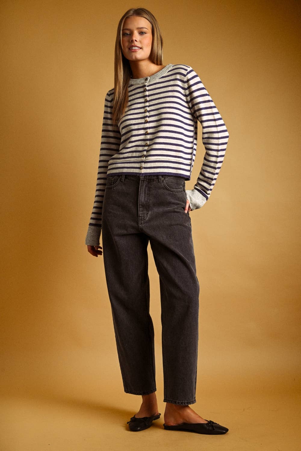 STRIPED PATTERN BUTTON FRONT CARDIGAN
