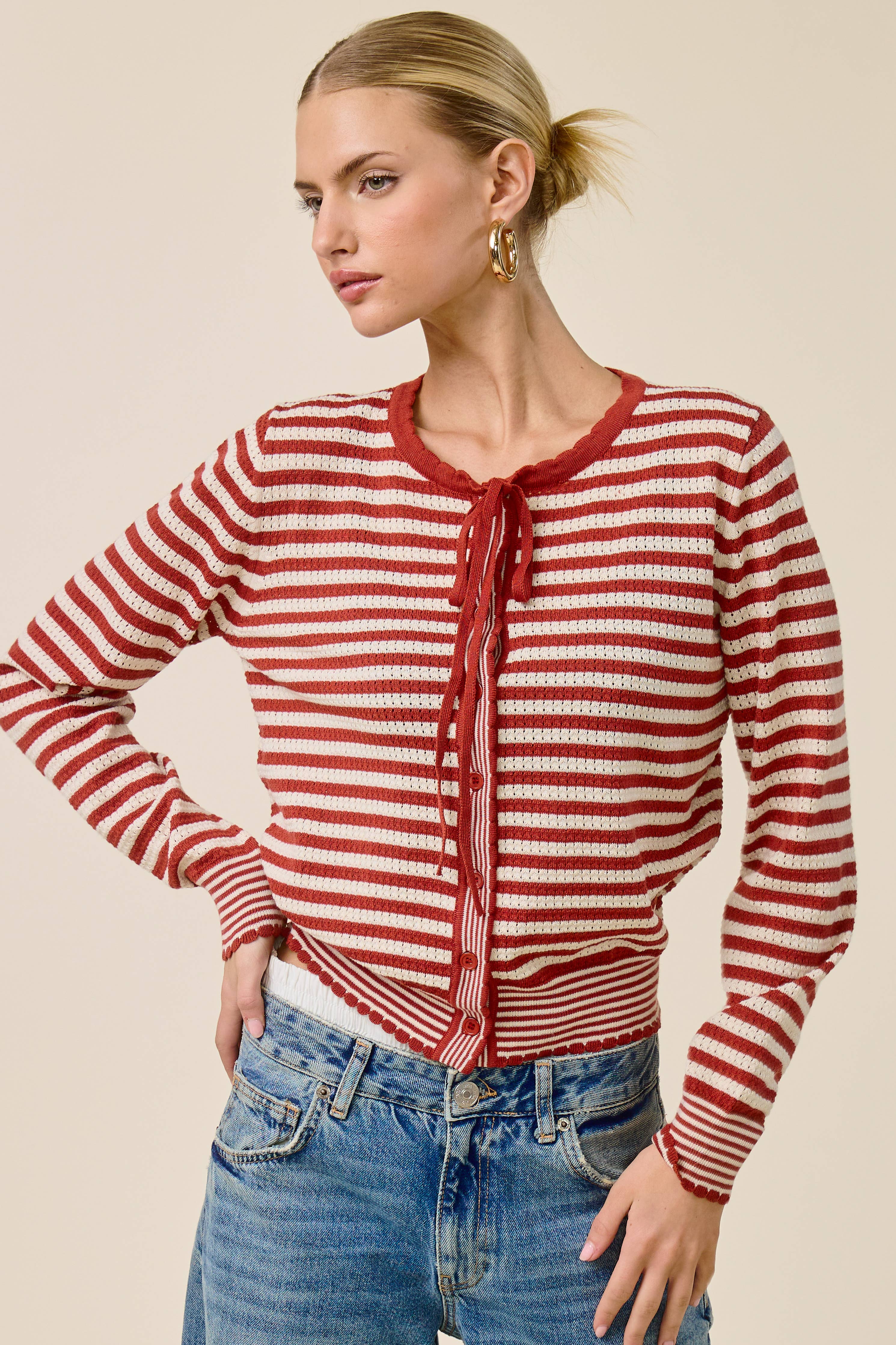 Mixed Stripe Bow Tie Cardigan