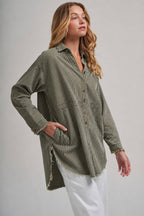 PIN STRIPE LINEN BLEND OVERSIZED SHIRT TOP
