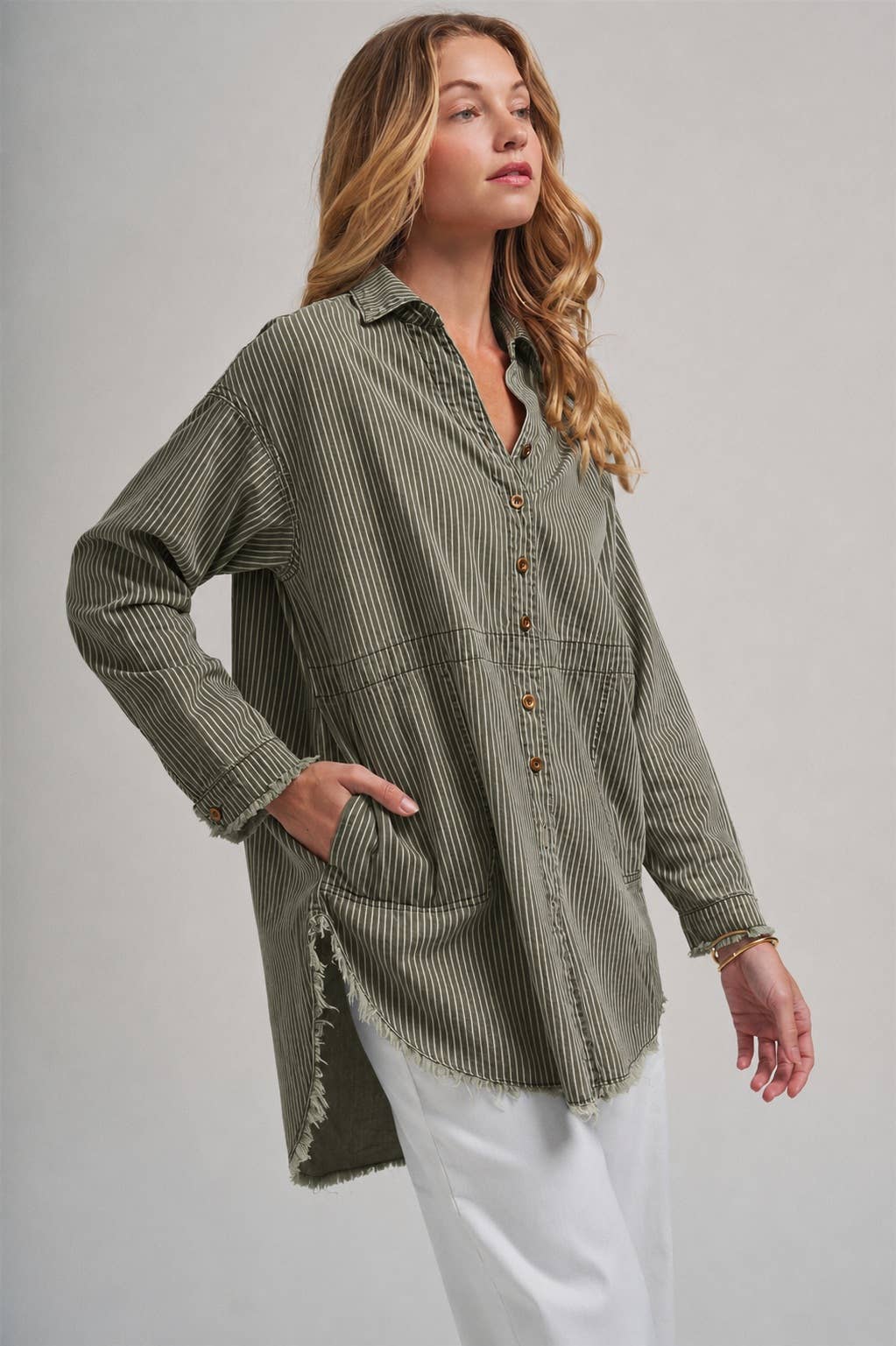 PIN STRIPE LINEN BLEND OVERSIZED SHIRT TOP