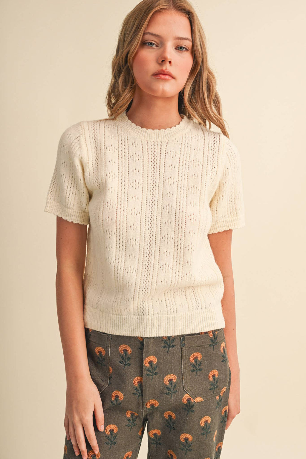 SCALLOPED POINTELLE KNIT SHORT SLEEVE SWEATER