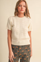 SCALLOPED POINTELLE KNIT SHORT SLEEVE SWEATER