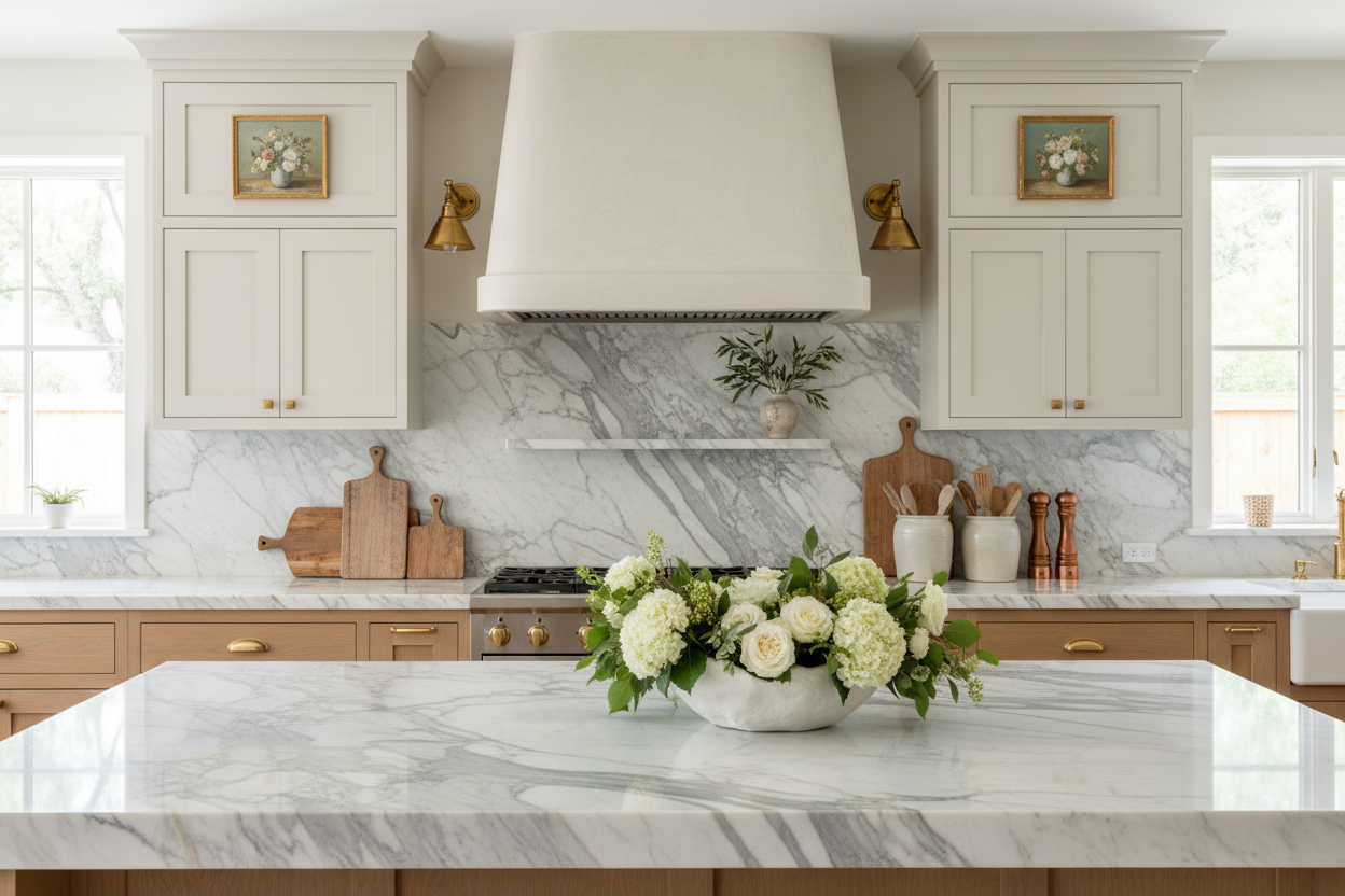 Give me an image of a ultra high end designer kitchen similar to amber interiors or mcgee and co vibes. marble counters, plastered range hood with marble backsplash extending up the wall with a small shelf. white oak and creamy white cabintery, gold accents including picture lights on either side of the range hood and custom small light and airy floral oil paintings in gold leaf frames. vintage cutting boards and crocks copper salt mills and some fresh greenery either boxwoods or floral arrangement.