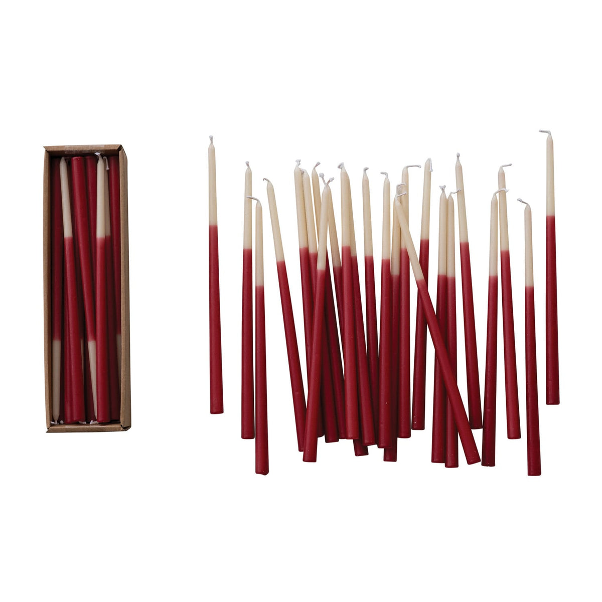 Unscented Two-Tone Thin Taper Candles in Box & Red, Set of 24 (Est. Burn Time 3-1/2 Hours)