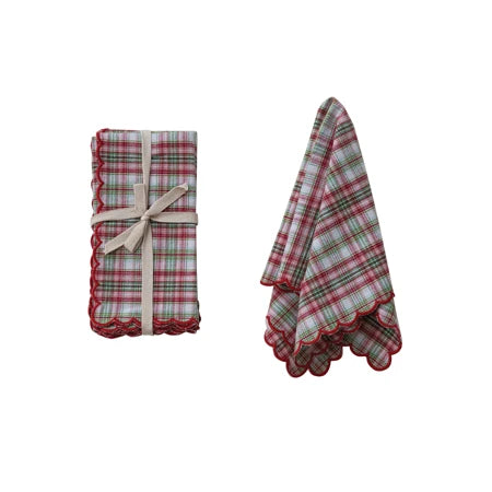 Woven Cotton Scalloped Napkins with Stitched Edges, Set of 4 Tied with Cotton Tape