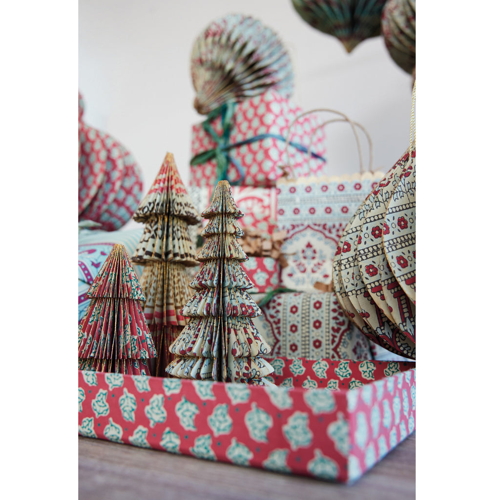 Handmade Recycled Block Printed Paper Folding Honeycomb Tree with Vintage Pattern - 7 inch