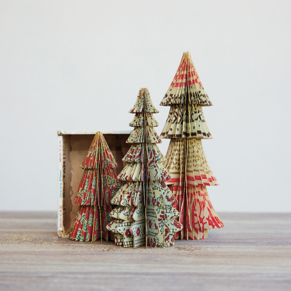 Handmade Recycled Block Printed Paper Folding Honeycomb Tree with Vintage Pattern - 9 inch