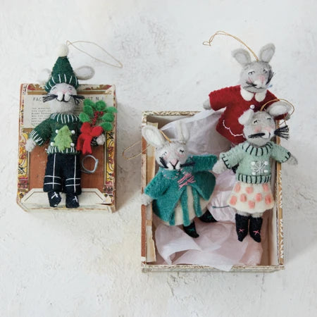 Handmade Wool Felt Mouse in Winter Clothes Ornament with Embroidery & Beads, 4 Styles Sold Separately