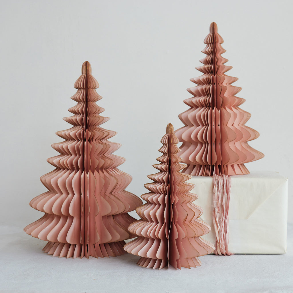 Handmade Recycled Paper Folding Honeycomb Tree with Gold Glitter Edges, Blush Color - 17.75 inch