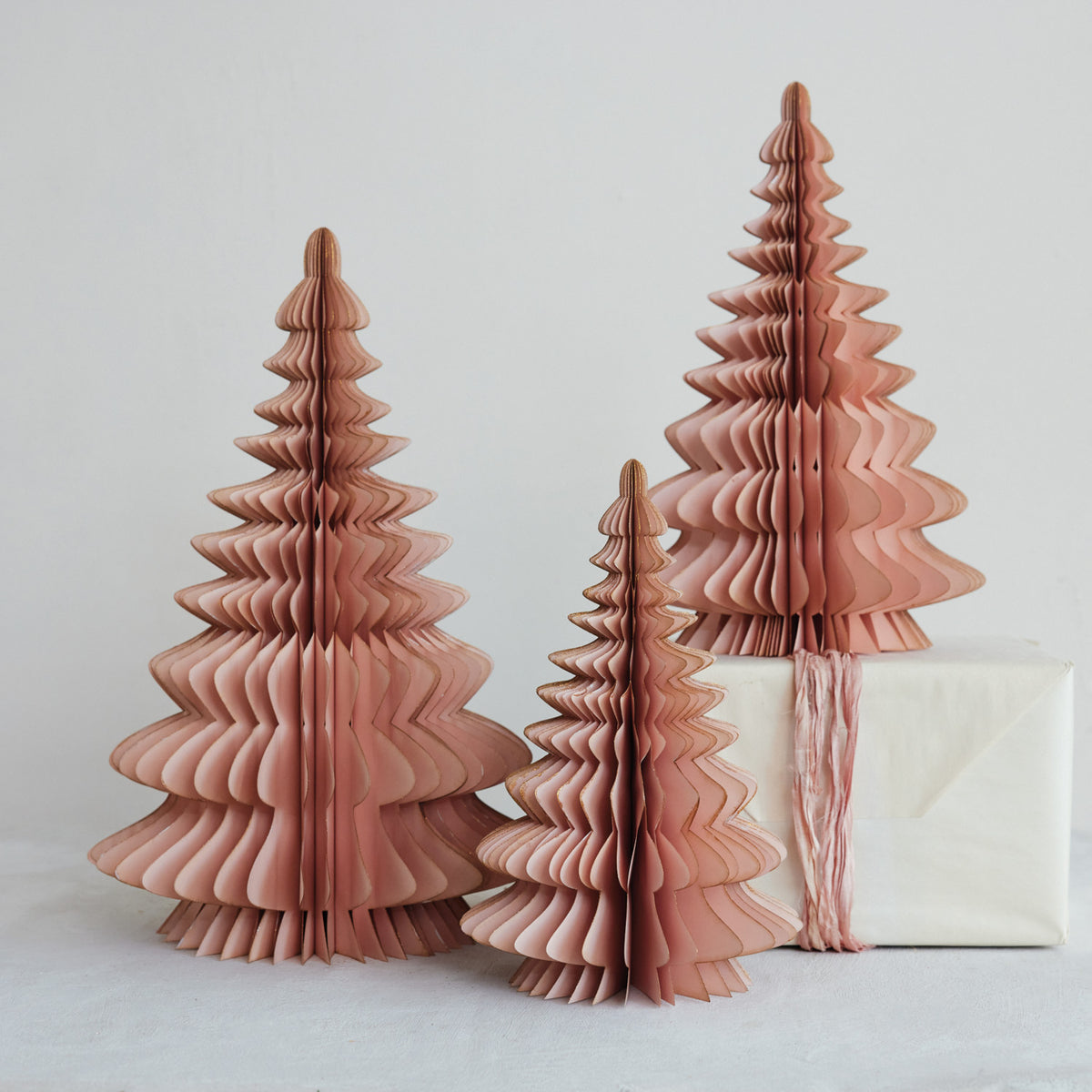 Handmade Recycled Paper Folding Honeycomb Tree with Gold Glitter Edges, Blush Color - 17.75 inch