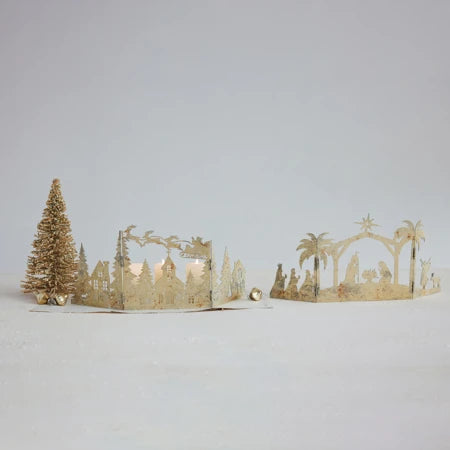 Metal Folding Mantle Scene with Nativity, Distressed Gold Finish